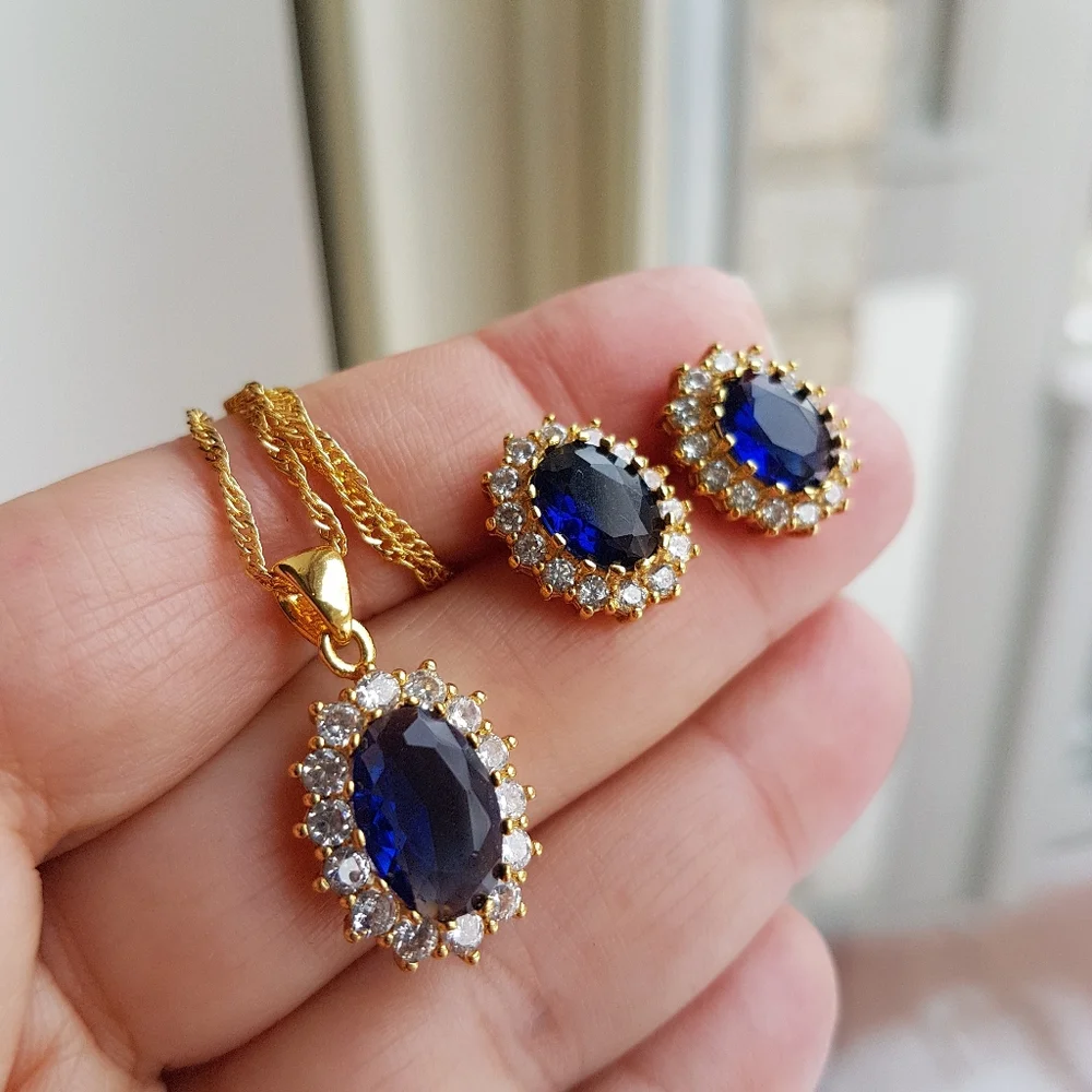 Swarovski Elements Gold 925 Sterling Silver Blue Sapphire Diana Oval Ring NEW